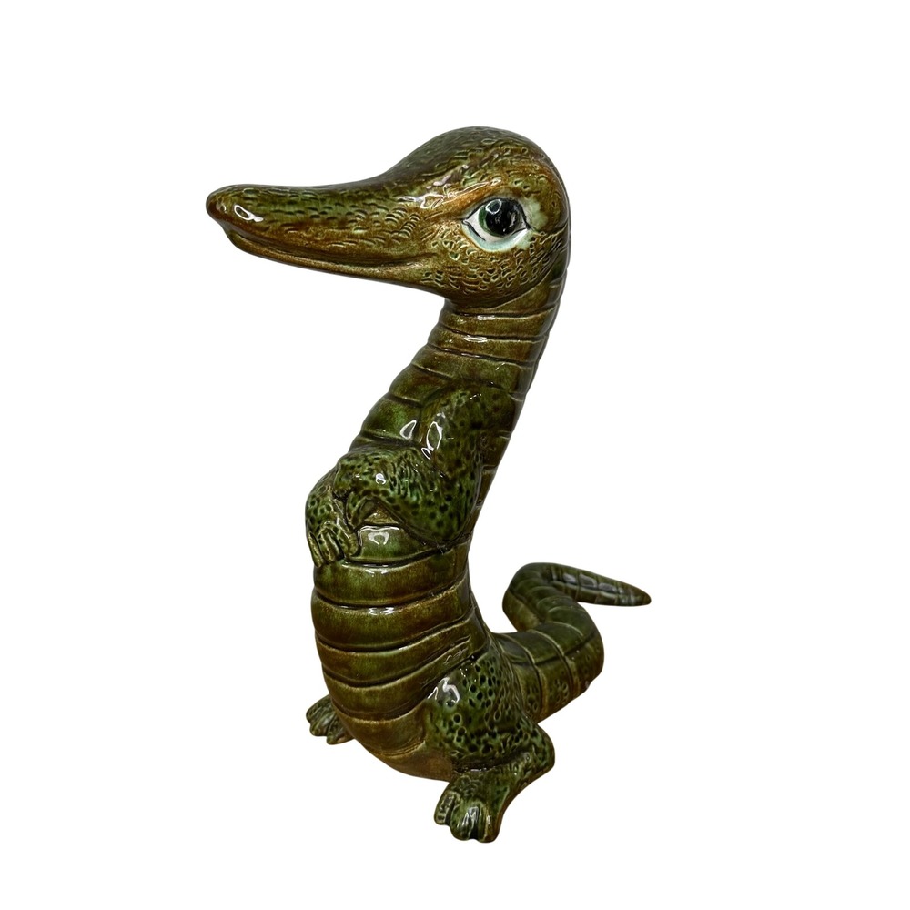Vintage Ceramic‎ Alligator Sculpture Green Brown Textured Art Figure Mid Century